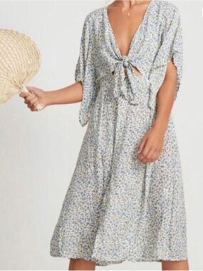 Faithfull the Brand Blue and Cream Floral Midi Tie-Front Dress
